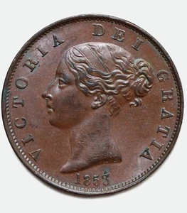UK Großbritannien Münze veraltet 1853 (3 über 2) halber Penny - Victoria, XF-AU - Bild 1 von 4