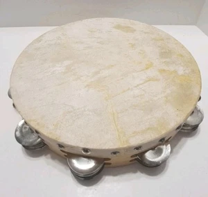 Vintage Tambourine Wooden Frame with Skin 10" Double Rows Has Crack - Picture 1 of 8