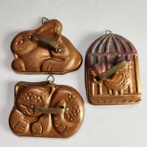 3 Pc. Copper Cookie Cutters Molds Brass Handle Himark Portugal XL Cat Bunny Bird - Picture 1 of 5