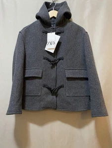 NWT ZARA MANTECO Women Hooded Italian Wool Blend Short Duffel Coat Size S Gray - Picture 1 of 23