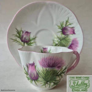 Shelley Fine Bone China England THISTLE Dainty Teacup & Saucer. Pink Trim. 13820 - Picture 1 of 12