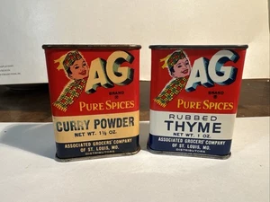 AG Pure Spices Can Tin RUBBED THYME And CURRY POWDER St Louis, MO VTG SPICE Tin - Picture 1 of 21