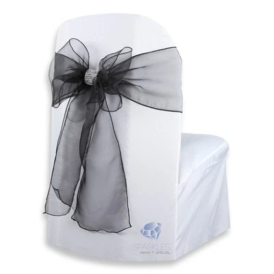 50 pcs Organza Chair Cover Bow Sash 108"x8" - Black - w/ Bow Covers Wedding oo - Image 1 of 4