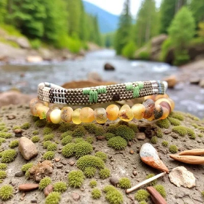 2er Armband Set Unisex – Handmade Bernstein & Boho Makramee Armband verstellbar  - Bild 1 von 4