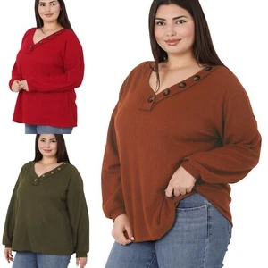 1X 2X 3X V Neck Brushed Waffle Knit Long Sleeve Loose Fit Thermal Top Sweater - Picture 1 of 14