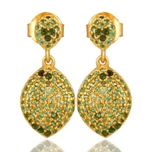 Pave Set Tsavorite Gemstone 14K Gold Plated 925 Silver Teardrop Earrings - Picture 1 of 3