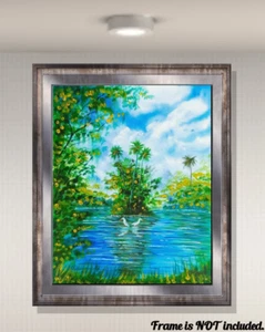 Original Painting Tropical Landscape Bird Florida Highwaymen Style Artist Signed - Picture 1 of 2