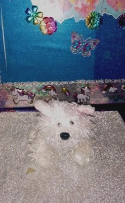 🦄Ganz / Lil' Kinz Curly "White Terrier" Dog Pink Ears Hair Bow HS106 7" Plush!  - Image 1 of 4