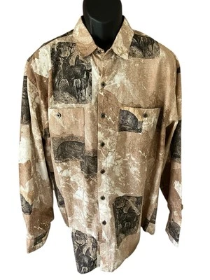 Bush Pilot Shirt Men's XL Tan White Black Animals Button Up Pockets Long Sleeve - Image 1 of 4