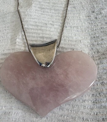 "Collar grande de cadena de caja colgante de 2,5"" con corazón de cuarzo rosa de plata 925" Foto 1 de 4