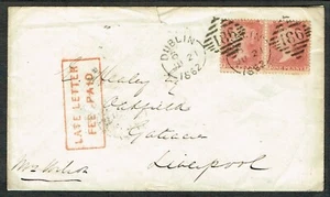 1862 Pair 1d Stars FE-FF Dublin-Liverpool Fine Red Boxed 'LATE LETTER/FEE PAID' - Picture 1 of 2