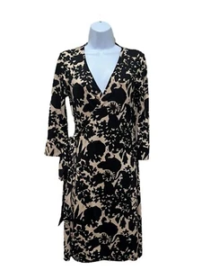Diane von Furstenberg Julian Wrap Dress Size 6 Black Tan DVF 100% Silk 3/4 Slv - Picture 1 of 6