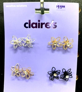 Claire’s Girls 4 Pairs of 3D Flowers with Gemstones Stud Earrings Gold Silver - Picture 1 of 1