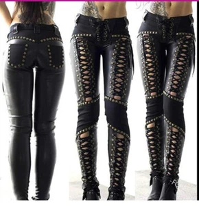 Womens Gothic Punk Rock Skinny Pu Leather Pants Rivet Bandage Size S - Picture 1 of 1