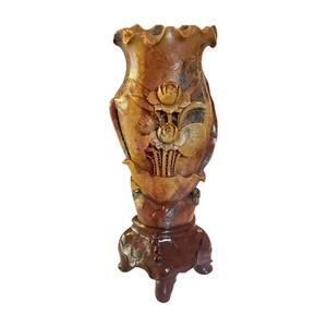 Jarrón de piedra jabonera china tallada a mano raro de la década de 1920 - floral de loto y lirio, 15" de alto - Imagen 1 de 5