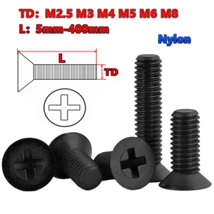 Phillips Countersunk Screws Black Nylon Flat Head Machine Bolts Metric M2.5 - M8 - Picture 1 of 11