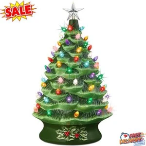 24"Ceramic Christmas Tree Pre-Lit Hand-Painted Tabletop Holiday Tree Green Xmas - Picture 1 of 6