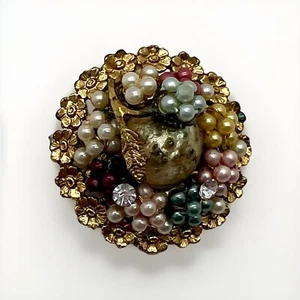 Haskell Era Unmarked Rhinestone and Pearl Flower Beaded, Gold Tone Pin / Broach - Picture 1 of 3