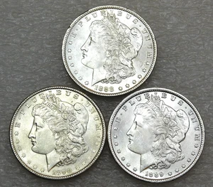 1888, 1889, 1890 P Morgan Silver Dollar BU Frosty White lot of 3 coins #L215 - Picture 1 of 2