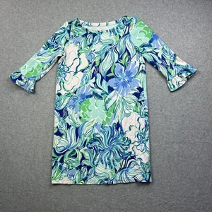 Lilly Pulitzer Dress Girls XL 12-14 Blue Green Floral 3/4 Sleeve Ruffle Preppy - Picture 1 of 13