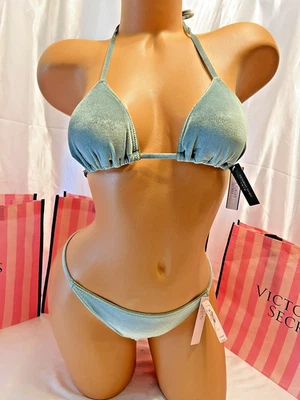 Victorias Secret Swim Suit Triangle Velvet W/Brazilian Bottoms large Sage Green - Image 1 of 4