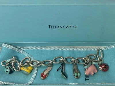 Tiffany & Co. Blue Enamel Oval Clasping Link Sterling Silver Charm Bracelet Rare - Image 1 of 4