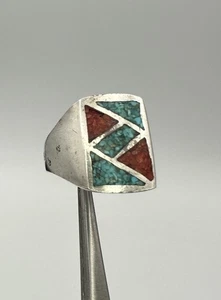 VNT Old Pawn Native American Sterling Turquoise Coral Inlay Mens Ring Size 10.75 - Picture 1 of 15