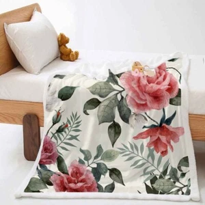 Elegante Manta Rosa Flores Hojas Verdes 3D Cálida Felpa Vellón Picnic Sofá Sofá - Imagen 1 de 6