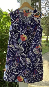 Vintage M Haus Kleid Knopf vorne Staub ärmellos blau Blumen Mod helle Taschen - Bild 1 von 11