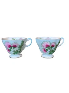 Set Of 2 Vtg EB Foley England Glengarry Thristle Blue Orphan Tea Cup Bone China - Picture 1 of 6