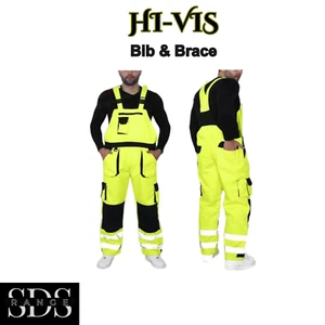 Hi Viz Contrast Overall Bib & Brace Water Resistant Breathable Dungarees Trouser - Picture 1 of 5