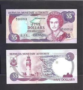 Bermudas p-35a, UNC, 5 dólares, 1989, QEII, NÚMERO DE SERIE POCO ELEGANTE - Imagen 1 de 1