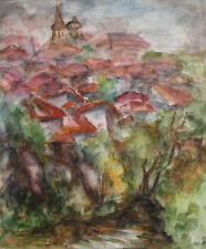 Vintage impressionist watercolor painting forest village landscape