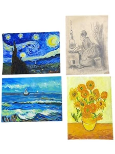 Vincent Van Gogh LOT OF 4 Drawing on old paper (Handmade) signed mixed media. - Picture 1 of 2