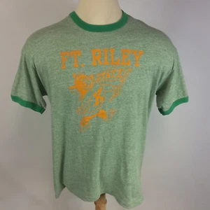 Vintage 80s Military Army Rayon Tri Blend Heather Green Ringer T Shirt Ft Riley - Picture 1 of 6
