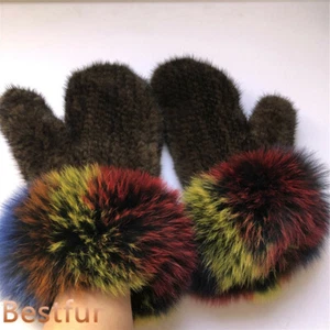Double Side Real Mink Fur Gloves Knitted Mittens+ Real Fox Fur Wristband Trim - Picture 1 of 9