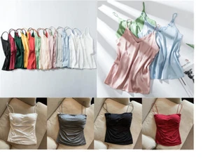 Women Silk Satin Tank Cami Plain Sleeveless Strappy Camisole Vest Casual Tops - Picture 1 of 36