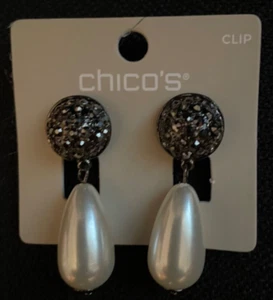CHICO'S LARGE FAUX TEARDROP PEARL BLACK RHINESTONE DROP EARRINGS CLIPS GUNMETAL - Picture 1 of 2