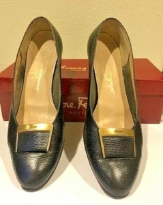 Vintage Ferragamo black lizard pumps 8 1/2, well cared for, with box - Picture 1 of 11