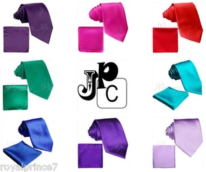 New Men's Solid Neck Tie And Pocket Square Hankie Set Wedding Party Formal Prom - Picture 1 of 34