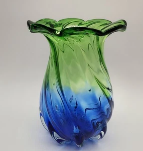 Hand Blown Cobalt Emerald Glass Vase 7.5in Swirl Ruffle Heavy 2lb Pontil Punty - Picture 1 of 16