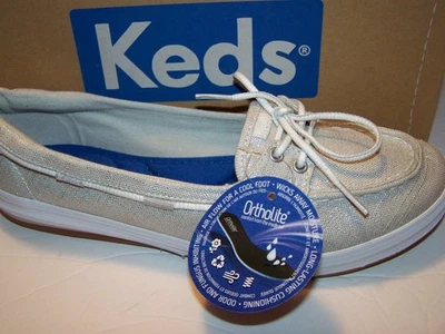 Zapatos de barco KEDS para mujer 9M Ortholite espuma viscoelástica brillo metálico plateado NUEVOS EN CAJA Foto 1 de 4