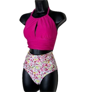 New Small Maternity Tankini 2 Piece Swimsuit Swim Beach Floral Pink Halter High - Picture 1 of 8