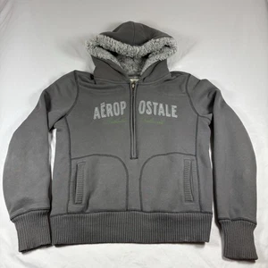 Aeropostale Authentic Trademark Y2K Faux Fur Gray 1/2 Zip Up Hoodie XL Vintage - Picture 1 of 8