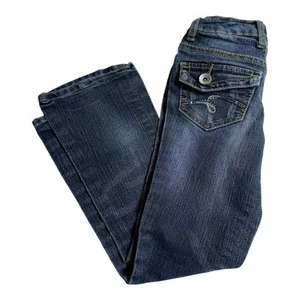 VTG I Love JUSTICE JEANS Girls 7R Boot Cut Blue Denim Rhinestone Pockets 22x21.5 - Picture 1 of 6