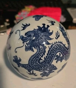 Rare Large Blue White Chinoiserie Dragon Motif Sphere Carpet Ball 4”  - Picture 1 of 9