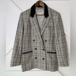 Blazer doppiopetto vintage choise tweed finta pelle scamosciata bordo legno bottoni taglia 8 - Foto 1 di 13