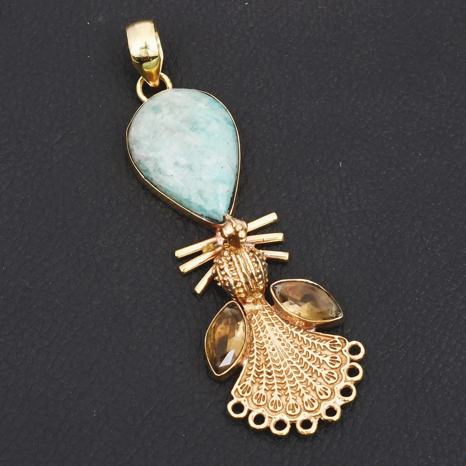 Amazonita Cuarzo Ahumado Piedras Preciosas Hecho a Mano Pavo Real Colgante Joyería 3.16" AP-37792 Foto 1 de 1