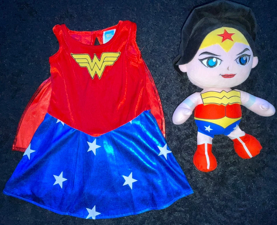 GIRLS AGE 24-36 MONTHS WONDER WOMAN DRESS WITH 14 INCH PLUSH SOFT TOY - Image 1 of 4