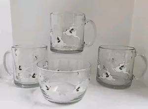VTG Libbey Leaping Reindeer Snowflake Christmas Mugs 3 & Bowl Made in USA Winter - Picture 1 of 11